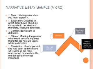 Narrative Essay Sample (micro)  Point: Life happens when you least expect it.  Exposition: Describe in great detail how I glued my classmate to her seat and, therefore, received detention.  Conflict: Being sent to detention.  Climax: Meeting the person who would become my best friend for the next 20 years while in detention.  Resolution: How important she has been to my life and why some of the most unexpected moments in life end up being the most important. Meeting my future bffDetentionLeaving detention—what she’s meant to meHow I got detention
