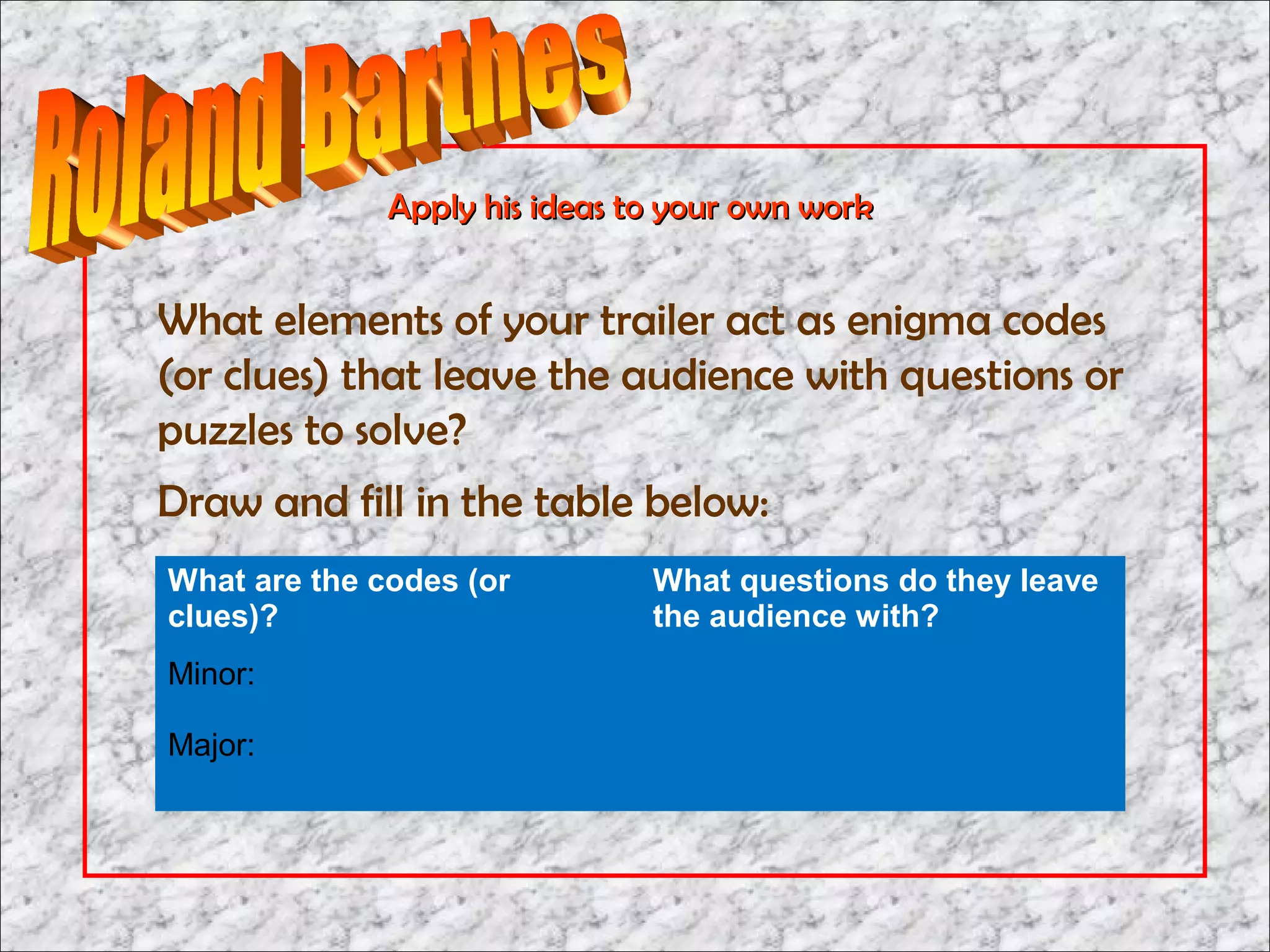 Apply his ideas to your own work


What elements of your trailer act as enigma codes
(or clues) that leave the audience with questions or
puzzles to solve?
Draw and fill in the table below:
What are the codes (or         What questions do they leave
clues)?                        the audience with?
Minor:

Major:
 
