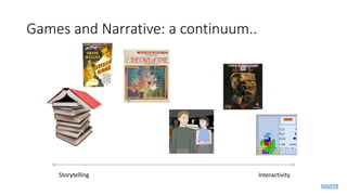 Games and Narrative: a continuum..
InteractivityStorytelling
source
 