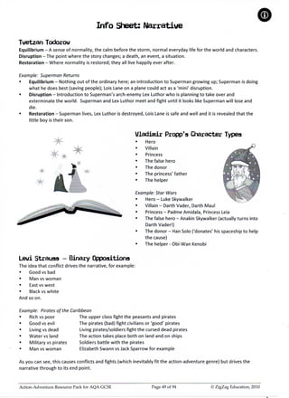 BH
                                      Info Sheet: Narrative
Tvetzan Todorov
Equilibrium - A sense of normality, the calm before the storm, normal everyday life for the world and characters.
Disruption -The point where the story changes; a death, an event, a situation.
Restoration - Where normality is restored; they all live happily ever after.

Example: Superman Returns
•   Equilibrium - Nothing out of the ordinary here; an introduction to Superman growing up; Superman is doing
    what he does best (saving people); Lois Lane on a plane could act as a 'mini' disruption.
•   Disruption - Introduction to Superman's arch-enemy Lex Luthor who is planning to take over and
    exterminate the world. Superman and Lex Luthor meet and fight until it looks like Superman will lose and
    die.
•   Restoration - Superman lives, Lex Luthor is destroyed, Lois Lane is safe and well and it is revealed that the
    little boy is their son.


                                                        Vladimir Propp's Character Types
                                                            •   Hero
                                                            •   Villain
                                                            •   Princess
                                                            •   The false hero
                                                            •   The donor
                                                            •   The princess' father
                                                            •   The helper

                                                            Example: Star Wars
                                                            •   Hero-Luke Skywalker
                                                            •   Villain-Darth Vader, Darth Maul
                                                            •   Princess - Padme Amidala, Princess Leia
                                                            •   The false hero - Anakin Skywalker (actually turns into
                                                                Darth Vader!)
                                                            •   The donor - Han Solo ('donates' his spaceship to help
                                                                the cause)
                                                            •   The helper- Obi-Wan Kenobi


Lewi Strauss - Binary Oppositions
The idea that conflict drives the narrative, for example:
•    Good vs bad
•    Man vs woman
•    East vs west
•    Black vs white
And so on.

Example: Pirates of the Caribbean
    Rich vs poor            The upper class fight the peasants and pirates
    Good vs evil            The pirates (bad) fight civilians or 'good' pirates
    Living vs dead          Living pirates/soldiers fight the cursed dead pirates
    Water vs land           The action takes place both on land and on ships
    Military vs pirates     Soldiers battle with the pirates
    Man vs woman            Elizabeth Swann vs Jack Sparrow for example

As you can see, this causes conflicts and fights (which inevitably fit the action-adventure genre) but drives the
narrative through to its end point.



Action-Adventure Resource Pack for AQA GCSE                        Page 49 of 94              © ZigZag Education, 2010
 