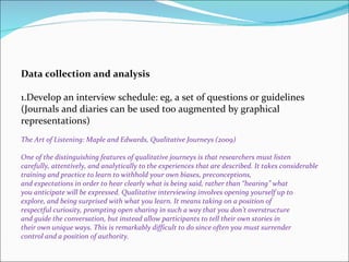 Data collection and analysis

1.Develop an interview schedule: eg, a set of questions or guidelines
(Journals and diaries ...