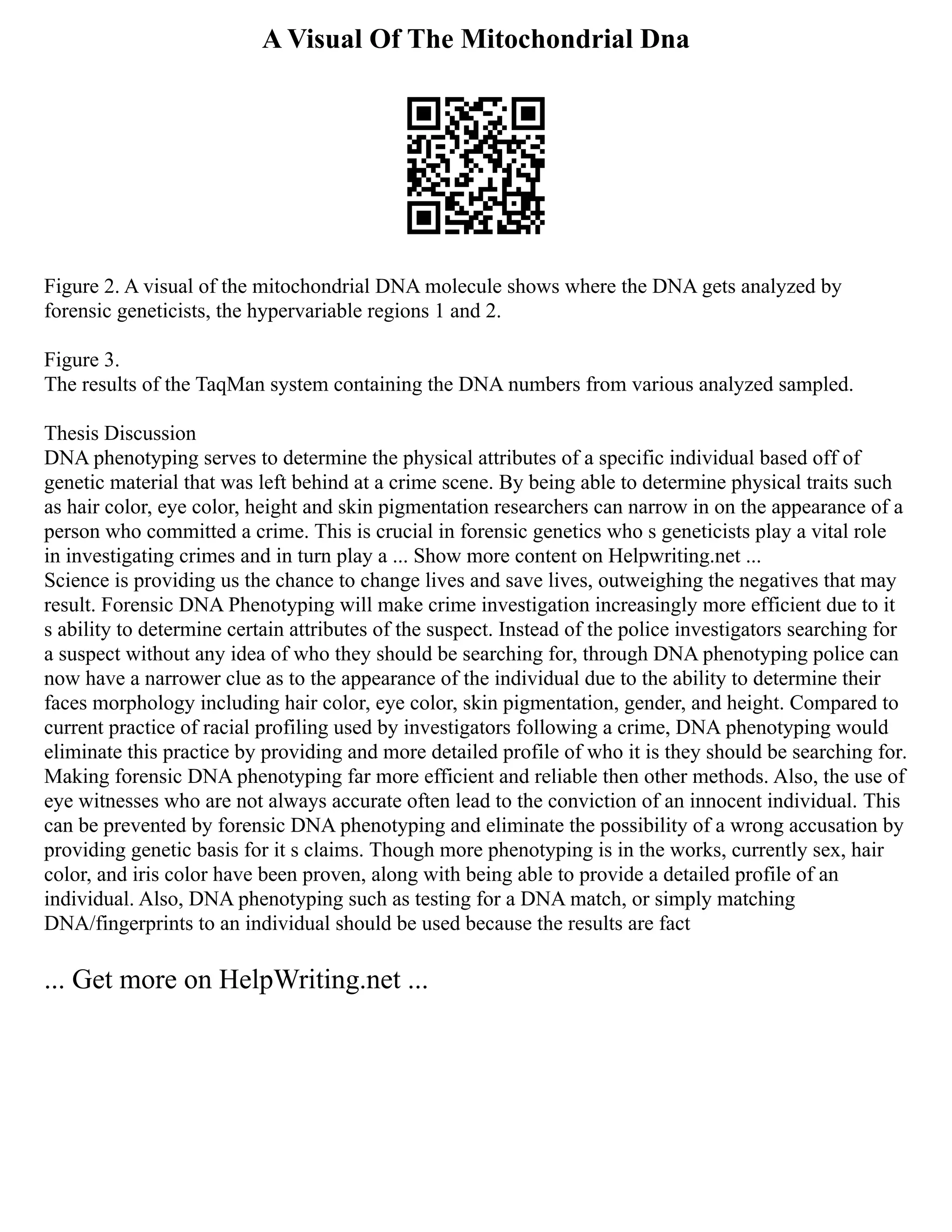 A Visual Of The Mitochondrial Dna
Figure 2. A visual of the mitochondrial DNA molecule shows where the DNA gets analyzed by
forensic geneticists, the hypervariable regions 1 and 2.
Figure 3.
The results of the TaqMan system containing the DNA numbers from various analyzed sampled.
Thesis Discussion
DNA phenotyping serves to determine the physical attributes of a specific individual based off of
genetic material that was left behind at a crime scene. By being able to determine physical traits such
as hair color, eye color, height and skin pigmentation researchers can narrow in on the appearance of a
person who committed a crime. This is crucial in forensic genetics who s geneticists play a vital role
in investigating crimes and in turn play a ... Show more content on Helpwriting.net ...
Science is providing us the chance to change lives and save lives, outweighing the negatives that may
result. Forensic DNA Phenotyping will make crime investigation increasingly more efficient due to it
s ability to determine certain attributes of the suspect. Instead of the police investigators searching for
a suspect without any idea of who they should be searching for, through DNA phenotyping police can
now have a narrower clue as to the appearance of the individual due to the ability to determine their
faces morphology including hair color, eye color, skin pigmentation, gender, and height. Compared to
current practice of racial profiling used by investigators following a crime, DNA phenotyping would
eliminate this practice by providing and more detailed profile of who it is they should be searching for.
Making forensic DNA phenotyping far more efficient and reliable then other methods. Also, the use of
eye witnesses who are not always accurate often lead to the conviction of an innocent individual. This
can be prevented by forensic DNA phenotyping and eliminate the possibility of a wrong accusation by
providing genetic basis for it s claims. Though more phenotyping is in the works, currently sex, hair
color, and iris color have been proven, along with being able to provide a detailed profile of an
individual. Also, DNA phenotyping such as testing for a DNA match, or simply matching
DNA/fingerprints to an individual should be used because the results are fact
... Get more on HelpWriting.net ...
 