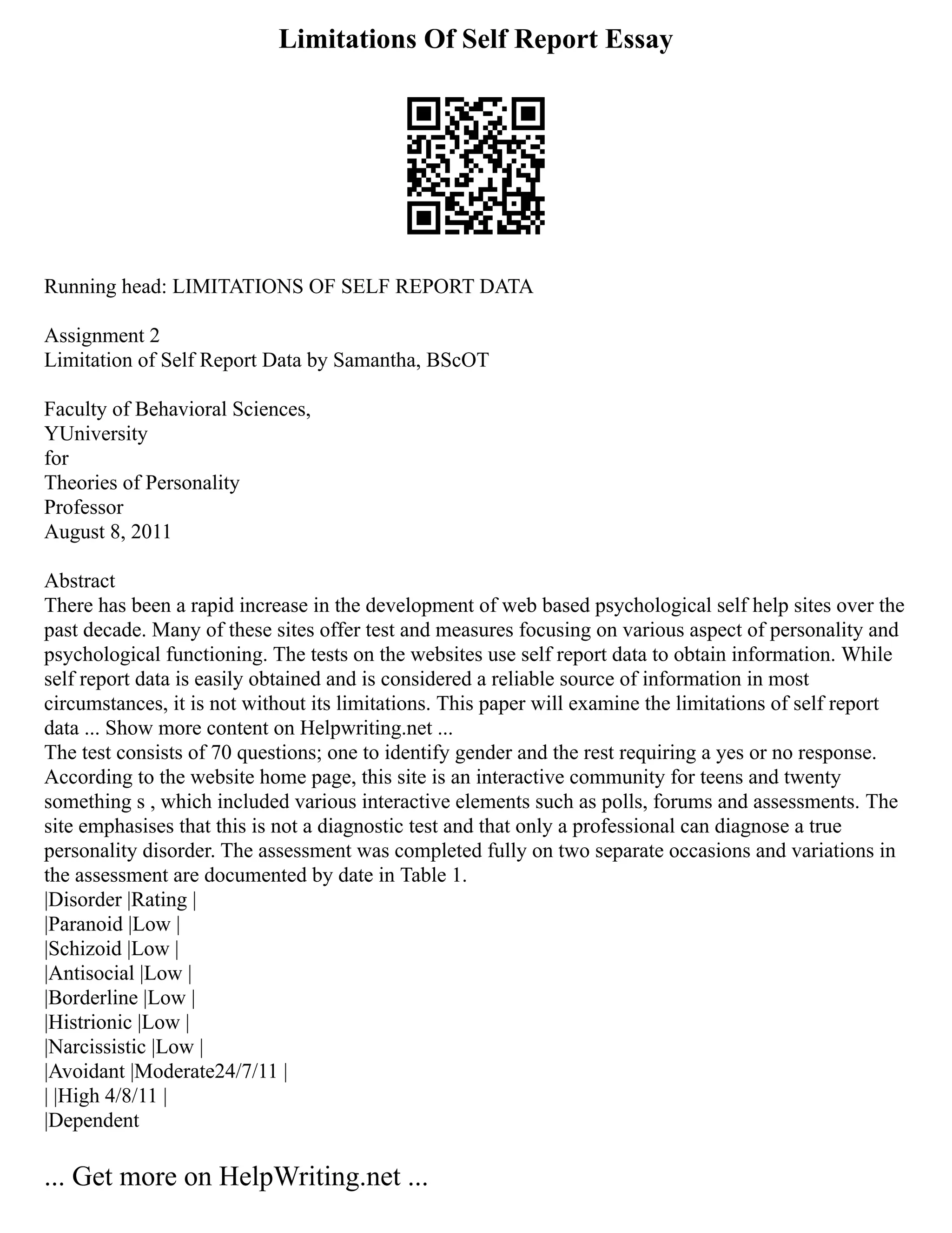 Limitations Of Self Report Essay
Running head: LIMITATIONS OF SELF REPORT DATA
Assignment 2
Limitation of Self Report Data by Samantha, BScOT
Faculty of Behavioral Sciences,
YUniversity
for
Theories of Personality
Professor
August 8, 2011
Abstract
There has been a rapid increase in the development of web based psychological self help sites over the
past decade. Many of these sites offer test and measures focusing on various aspect of personality and
psychological functioning. The tests on the websites use self report data to obtain information. While
self report data is easily obtained and is considered a reliable source of information in most
circumstances, it is not without its limitations. This paper will examine the limitations of self report
data ... Show more content on Helpwriting.net ...
The test consists of 70 questions; one to identify gender and the rest requiring a yes or no response.
According to the website home page, this site is an interactive community for teens and twenty
something s , which included various interactive elements such as polls, forums and assessments. The
site emphasises that this is not a diagnostic test and that only a professional can diagnose a true
personality disorder. The assessment was completed fully on two separate occasions and variations in
the assessment are documented by date in Table 1.
|Disorder |Rating |
|Paranoid |Low |
|Schizoid |Low |
|Antisocial |Low |
|Borderline |Low |
|Histrionic |Low |
|Narcissistic |Low |
|Avoidant |Moderate24/7/11 |
| |High 4/8/11 |
|Dependent
... Get more on HelpWriting.net ...
 