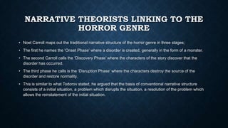 NARRATIVE THEORISTS LINKING TO THE
HORROR GENRE
• Noel Carroll maps out the traditional narrative structure of the horror genre in three stages;
• The first he names the ‘Onset Phase’ where a disorder is created, generally in the form of a monster.
• The second Carroll calls the ‘Discovery Phase’ where the characters of the story discover that the
disorder has occurred.
• The third phase he calls is the ‘Disruption Phase’ where the characters destroy the source of the
disorder and restore normality.
• This is similar to what Todorov stated, he argued that the basis of conventional narrative structure
consists of a initial situation, a problem which disrupts the situation, a resolution of the problem which
allows the reinstatement of the initial situation.
 