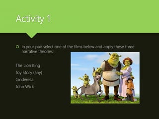 Activity 1
 In your pair select one of the films below and apply these three
narrative theories:
The Lion King
Toy Story (any)
Cinderella
John Wick
 