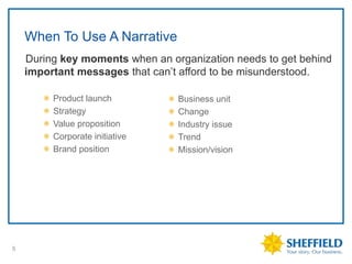 When To Use A Narrative
    During key moments when an organization needs to get behind
    •



    important messages that can’t afford to be misunderstood.

        ✵ Product launch         ✵ Business unit
        ✵ Strategy               ✵ Change
        ✵ Value proposition      ✵ Industry issue
        ✵ Corporate initiative   ✵ Trend
        ✵ Brand position         ✵ Mission/vision




5
 