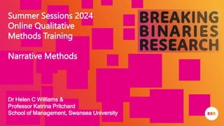 © 2023 Breaking Binaries Research. All rights reserved.
Summer Sessions 2024
Online Qualitative
Methods Training
Narrative Methods
Dr Helen C Williams &
Professor Katrina Pritchard
School of Management, Swansea University
 