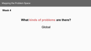 What kinds of problems are there?
Global
Tweet-level
Awareness
Response
Mapping the Problem Space
Week 4
 