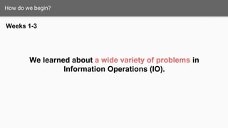 DoD/Gvt. social media presence is weak.
Account bans and multiple aliases across
different networks make IDs hard to track
Can’t monitor who views dark-web content.
Fail to understand which narratives are the
most salient.
No baseline for monitoring/aggregating
use of tech;
Language/culture experts aren’t able to
work at scale.
Scale of social media makes manual
efforts painful.
Significant data management overhead.
Can’t determine actual scale
Problems
Weeks 1-3
 