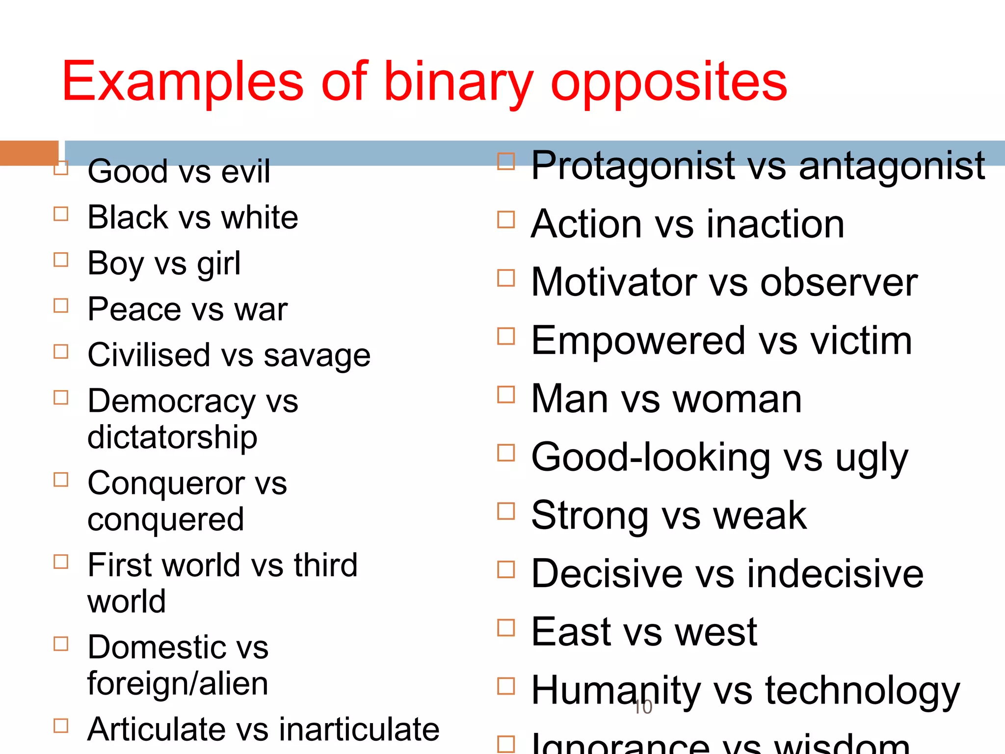 Examples of binary opposites 
10 
 Good vs evil 
 Black vs white 
 Boy vs girl 
 Peace vs war 
 Civilised vs savage 
 Democracy vs 
dictatorship 
 Conqueror vs 
conquered 
 First world vs third 
world 
 Domestic vs 
foreign/alien 
 Articulate vs inarticulate 
Young vs old 
 Protagonist vs antagonist 
 Action vs inaction 
 Motivator vs observer 
 Empowered vs victim 
 Man vs woman 
 Good-looking vs ugly 
 Strong vs weak 
 Decisive vs indecisive 
 East vs west 
 Humanity vs technology 
 Ignorance vs wisdom 
 