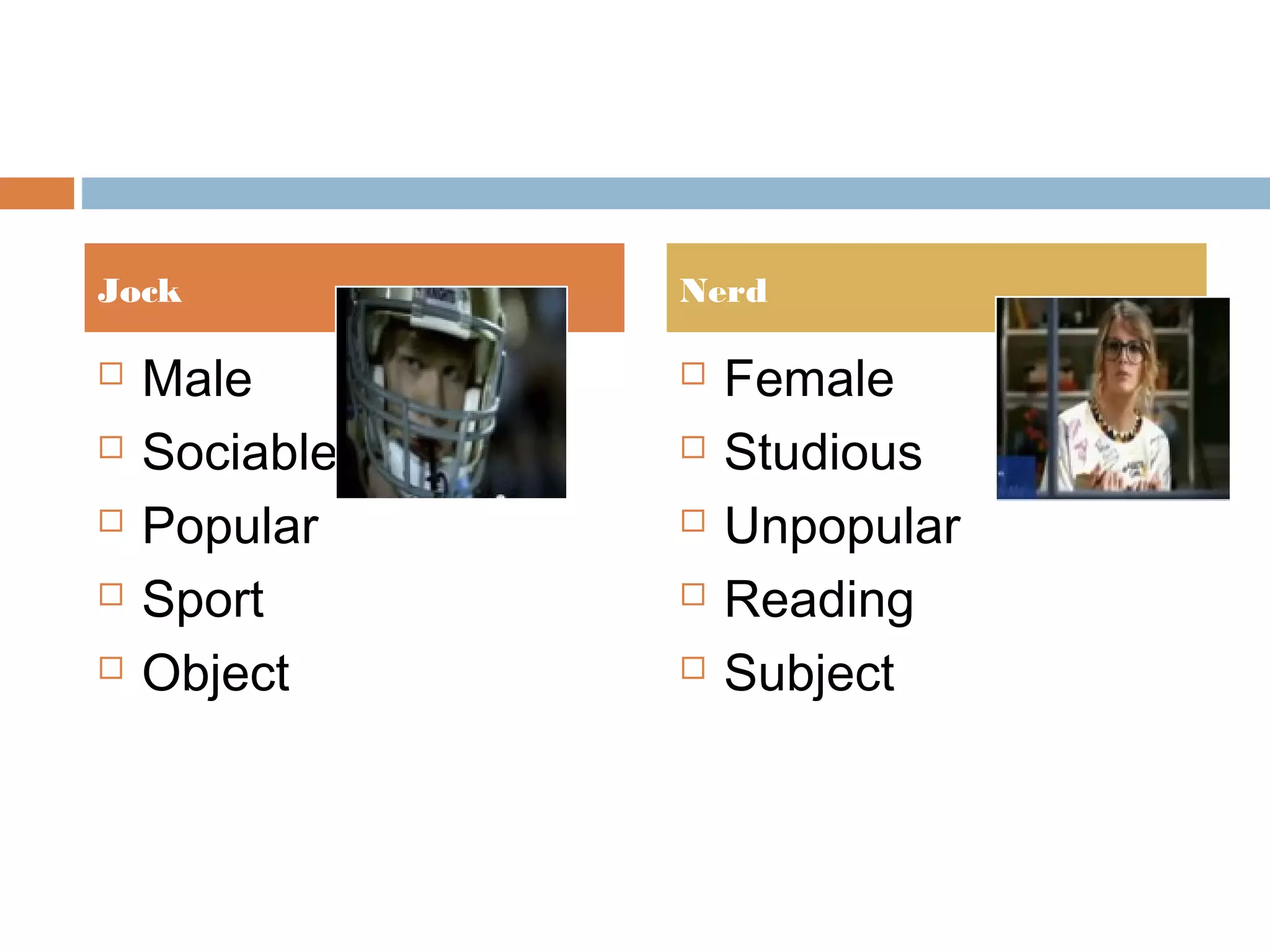 Jock Nerd 
 Male 
 Sociable 
 Popular 
 Sport 
 Object 
 Female 
 Studious 
 Unpopular 
 Reading 
 Subject 
 