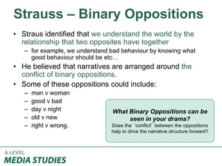 Strauss – Binary Oppositions
• Straus identified that we understand the world by the
relationship that two opposites have together
– for example, we understand bad behaviour by knowing what
good behaviour should be etc…
• He believed that narratives are arranged around the
conflict of binary oppositions.
• Some of these oppositions could include:
– man v woman
– good v bad
– day v night
– old v new
– right v wrong.
What Binary Oppositions can be
seen in your drama?
Does the ‘conflict’ between the oppositions
help to drive the narrative structure forward?
 