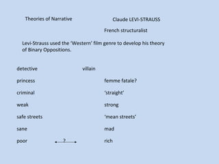 detective villain
princess femme fatale?
criminal ‘straight’
weak strong
safe streets ‘mean streets’
sane mad
poor ? rich
Theories of Narrative Claude LEVI-STRAUSS
Levi-Strauss used the ‘Western’ film genre to develop his theory
of Binary Oppositions.
French structuralist
 