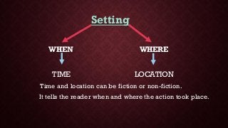 Setting
WHEN WHERE
TIME LOCATION
Time and location can be fiction or non-fiction.
It tells the reader when and where the action took place.
 