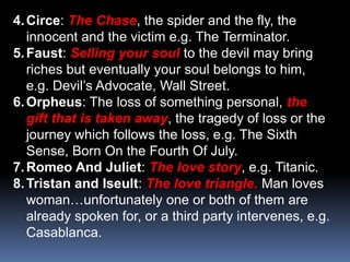 Circe: The Chase, the spider and the fly, the innocent and the victim e.g. The Terminator. Faust: Selling your soul to the devil may bring riches but eventually your soul belongs to him, e.g. Devil’s Advocate, Wall Street.Orpheus: The loss of something personal, the gift that is taken away, the tragedy of loss or the journey which follows the loss, e.g. The Sixth Sense, Born On the Fourth Of July.Romeo And Juliet: The love story, e.g. Titanic.Tristan and Iseult: The love triangle. Man loves woman…unfortunately one or both of them are  already spoken for, or a third party intervenes, e.g. Casablanca.