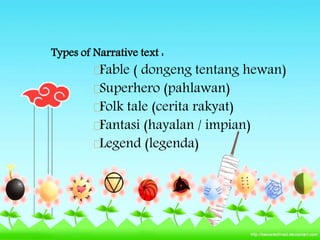 Types of Narrative text :
Fable ( dongeng tentang hewan)
Superhero (pahlawan)
Folk tale (cerita rakyat)
Fantasi (hayalan / impian)
Legend (legenda)
 