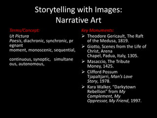 Storytelling with Images:
                   Narrative Art
Terms/Concept:                       Key Monuments:
Ut Pictura                            Theodore Gericault, The Raft
Poesis, diachronic, synchronic, pr      of the Medusa, 1819.
egnant                                Giotto, Scenes from the Life of
moment, monoscenic, sequential,         Christ, Arena
                                        Chapel, Padua, Italy, 1305.
continuous, synoptic, simultane       Masaccio, The Tribute
ous, autonomous,                        Money, 1425.
                                      Clifford Possum
                                        Tjapaltjarri, Man’s Love
                                        Story, 1978.
                                      Kara Walker, “Darkytown
                                        Rebellion” from My
                                        Complement, My
                                        Oppressor, My Friend, 1997.
 