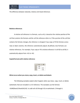 EM 210
BATCH 1
ELECTRONIC SPREADSHEETS
Narrative Report (Group4)
Corpuz, Fajarito, Linsangan&Sunio 27
The difference between absolute, relative and mixed references
Relative references
A relative cell reference in a formula, such as A1, is based on the relative position of the
cell that contains the formula and the cell the reference refers to. If the position of the cell that
contains the formula changes, the reference is changed. If you copy or fill the formula across
rows or down columns, the reference automatically adjusts. By default, new formulas use
relative references. For example, if you copy or fill a relative reference in cell B2 to cell B3, it
automatically adjusts from =A1 to =A2.
Copied formula with relative reference
What occurs when you move, copy, insert, or delete worksheets
The following examples explain what happens when you move, copy, insert, or delete
worksheets that are included in a 3-D reference. The examples use the formula
=SUM(Sheet2:Sheet6!A2:A5) to add cells A2 through A5 on worksheets 2 through 6.
 
