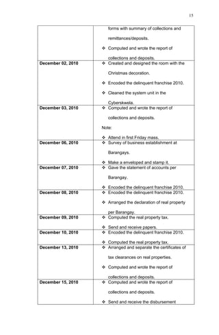 15


                       forms with summary of collections and

                       remittances/deposits.

                     Computed and wrote the report of

                      collections and deposits.
December 02, 2010    Created and designed the room with the

                       Christmas decoration.

                     Encoded the delinquent franchise 2010.

                     Cleaned the system unit in the

                      Cyberskwela.
December 03, 2010    Computed and wrote the report of

                       collections and deposits.

                    Note:

                     Attend in first Friday mass.
December 06, 2010    Survey of business establishment at

                       Barangays.

                     Make a enveloped and stamp it.
December 07, 2010    Gave the statement of accounts per

                       Barangay.

                     Encoded the delinquent franchise 2010.
December 08, 2010    Encoded the delinquent franchise 2010.

                     Arranged the declaration of real property

                      per Barangay.
December 09, 2010    Computed the real property tax.

                     Send and receive papers.
December 10, 2010    Encoded the delinquent franchise 2010.

                     Computed the real property tax.
December 13, 2010    Arranged and separate the certificates of

                       tax clearances on real properties.

                     Computed and wrote the report of

                      collections and deposits.
December 15, 2010    Computed and wrote the report of

                       collections and deposits.

                     Send and receive the disbursement
 