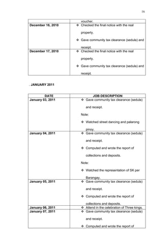 16


                      voucher.
December 16, 2010    Checked the final notice with the real

                       property.

                     Gave community tax clearance (sedula) and

                      receipt.
December 17, 2010    Checked the final notice with the real

                       property.

                     Gave community tax clearance (sedula) and

                       receipt.


. JANUARY 2011


         DATE                JOB DESCRIPTION
January 03, 2011        Gave community tax clearance (sedula)

                          and receipt.

                       Note:

                        Watched street dancing and palarong

                         pinoy.
January 04, 2011        Gave community tax clearance (sedula)

                          and receipt.

                        Computed and wrote the report of

                          collections and deposits.

                       Note:

                        Watched the representation of SK per

                         Barangay.
January 05, 2011        Gave community tax clearance (sedula)

                          and receipt.

                        Computed and wrote the report of

                         collections and deposits.
January 06, 2011        Attend in the celebration of Three kings.
January 07, 2011        Gave community tax clearance (sedula)

                          and receipt.

                        Computed and wrote the report of
 
