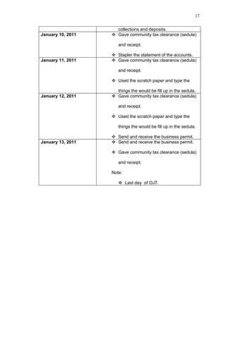 17


                     collections and deposits.
January 10, 2011    Gave community tax clearance (sedula)

                      and receipt.

                    Stapler the statement of the accounts.
January 11, 2011    Gave community tax clearance (sedula)

                      and receipt.

                    Used the scratch paper and type the

                     things the would be fill up in the sedula.
January 12, 2011    Gave community tax clearance (sedula)

                      and receipt.

                    Used the scratch paper and type the

                      things the would be fill up in the sedula.

                    Send and receive the business permit.
January 13, 2011    Send and receive the business permit.

                    Gave community tax clearance (sedula)

                      and receipt.

                   Note:

                       Last day of OJT.
 