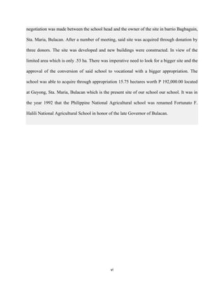 vi
negotiation was made between the school head and the owner of the site in barrio Bagbaguin,
Sta. Maria, Bulacan. After a number of meeting, said site was acquired through donation by
three donors. The site was developed and new buildings were constructed. In view of the
limited area which is only .53 ha. There was imperative need to look for a bigger site and the
approval of the conversion of said school to vocational with a bigger appropriation. The
school was able to acquire through appropriation 15.75 hectares worth P 192,000.00 located
at Guyong, Sta. Maria, Bulacan which is the present site of our school our school. It was in
the year 1992 that the Philippine National Agricultural school was renamed Fortunato F.
Halili National Agricultural School in honor of the late Governor of Bulacan.
 