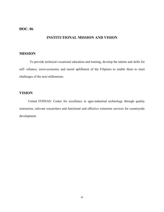 vi
DOC. 06
INSTITUTIONAL MISSION AND VISION
MISSION
To provide technical-vocational education and training, develop the talents and skills for
self- reliance, socio-economic and moral upliftment of the Filipinos to enable them to meet
challenges of the next millennium.
VISION
United FFHNAS: Center for excellence in agro-industrial technology through quality
instruction, relevant researchers and functional and effective extension services for countryside
development.
 