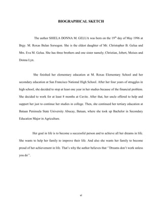 vi
BIOGRAPHICAL SKETCH
The author SHIELA DONNA M. GELUA was born on the 19th
day of May 1996 at
Brgy. M. Roxas Bulan Sorsogon. She is the eldest daughter of Mr. Christopher B. Gelua and
Mrs. Eva M. Gelua. She has three brothers and one sister namely; Christian, Jobert, Moises and
Donna Lyn.
She finished her elementary education at M. Roxas Elementary School and her
secondary education at San Francisco National High School. After her four years of struggles in
high school, she decided to stop at least one year in her studies because of the financial problem.
She decided to work for at least 8 months at Cavite. After that, her uncle offered to help and
support her just to continue her studies in college. Then, she continued her tertiary education at
Bataan Peninsula State University Abucay, Bataan, where she took up Bachelor in Secondary
Education Major in Agriculture.
Her goal in life is to become a successful person and to achieve all her dreams in life.
She wants to help her family to improve their life. And also she wants her family to become
proud of her achievement in life. That’s why the author believes that ‘’Dreams don’t work unless
you do’’.
 