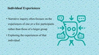 Individual Experiences
• Narrative inquiry often focuses on the
experiences of one or a few participants
rather than those of a larger group
• Exploring the experiences of that
individual
 