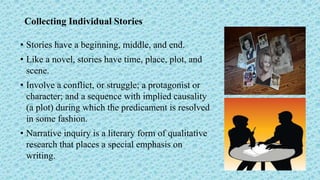Collecting Individual Stories
• Stories have a beginning, middle, and end.
• Like a novel, stories have time, place, plot, and
scene.
• Involve a conflict, or struggle; a protagonist or
character; and a sequence with implied causality
(a plot) during which the predicament is resolved
in some fashion.
• Narrative inquiry is a literary form of qualitative
research that places a special emphasis on
writing.
 