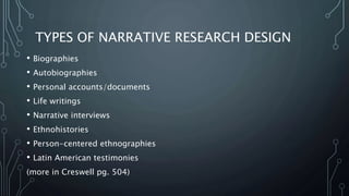 TYPES OF NARRATIVE RESEARCH DESIGN
• Biographies
• Autobiographies
• Personal accounts/documents
• Life writings
• Narrative interviews
• Ethnohistories
• Person-centered ethnographies
• Latin American testimonies
(more in Creswell pg. 504)
 