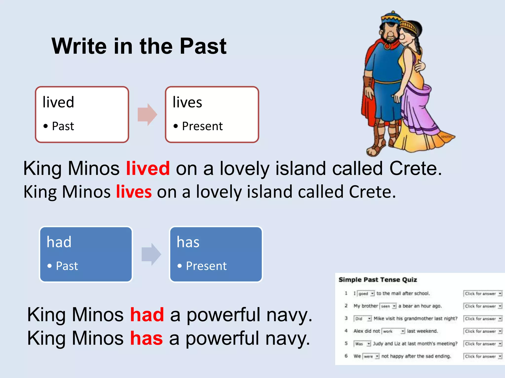 lived
• Past
lives
• Present
had
• Past
has
• Present
King Minos lived on a lovely island called Crete.
King Minos lives on a lovely island called Crete.
King Minos had a powerful navy.
King Minos has a powerful navy.
Write in the Past
 