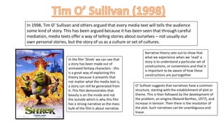 In 1998, Tim O’ Sullivan and others argued that every media text will tells the audience
some kind of story. This has been...