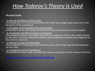 How Todorov’s Theory Is Used
•
    The Devil Inside-

•   - A state of equilibrium at the outset:
    The Equilibrium isn't at the outset within this trailer but straight away moves on to the
    disruption of the equilibrium
•   - A disruption of the equilibrium by some action:
    A character is to be seen being possessed and they are moved to a mental hospital
•   - A recognition that there has been a disruption:
    The protagonist learns more about exorcism to try help her mother, this creates tension
    on the other hand also makes the audience feel sympathetic towards the protagonist as
    they feel her emotions
•   - A attempt to repair the disruption:
    The protagonist’s mother gets exorcised by a priest, this brings hope that the exorcism
    can be cured
•   - A reinstatement of the equilibrium:
    The equilibrium doesn’t get resolved with creates anticipation for the release of the film

•   http://www.youtube.com/watch?v=OyT7xMPurgw:
 