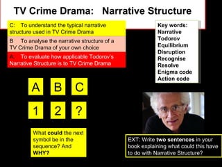 TV Crime Drama: Narrative Structure
C: To understand the typical narrative                 Key words:
structure used in TV Crime Drama                       Narrative
B To analyse the narrative structure of a              Todorov
TV Crime Drama of your own choice                      Equilibrium
                                                       Disruption
A: To evaluate how applicable Todorov’s                Recognise
Narrative Structure is to TV Crime Drama               Resolve
                                                       Enigma code
                                                       Action code
        A        B       C
        1        2       ?
         What could the next
         symbol be in the                   EXT: Write two sentences in your
         sequence? And                      book explaining what could this have
         WHY?                               to do with Narrative Structure?
 