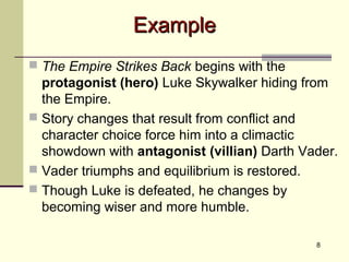 8
 The Empire Strikes Back begins with the
protagonist (hero) Luke Skywalker hiding from
the Empire.
 Story changes that result from conflict and
character choice force him into a climactic
showdown with antagonist (villian) Darth Vader.
 Vader triumphs and equilibrium is restored.
 Though Luke is defeated, he changes by
becoming wiser and more humble.
ExampleExample
 