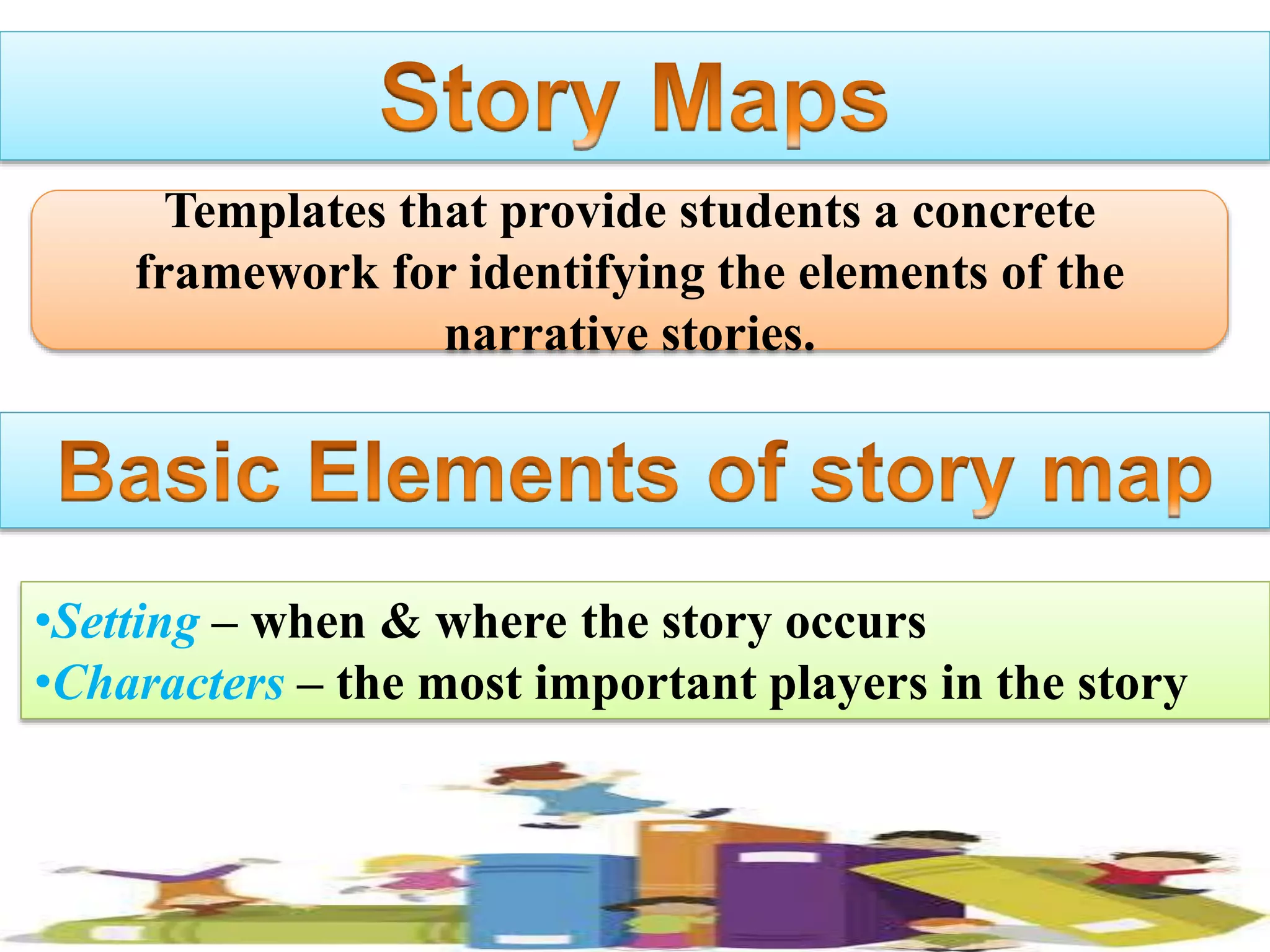 Templates that provide students a concrete
framework for identifying the elements of the
narrative stories.
•Setting – when & where the story occurs
•Characters – the most important players in the story
 