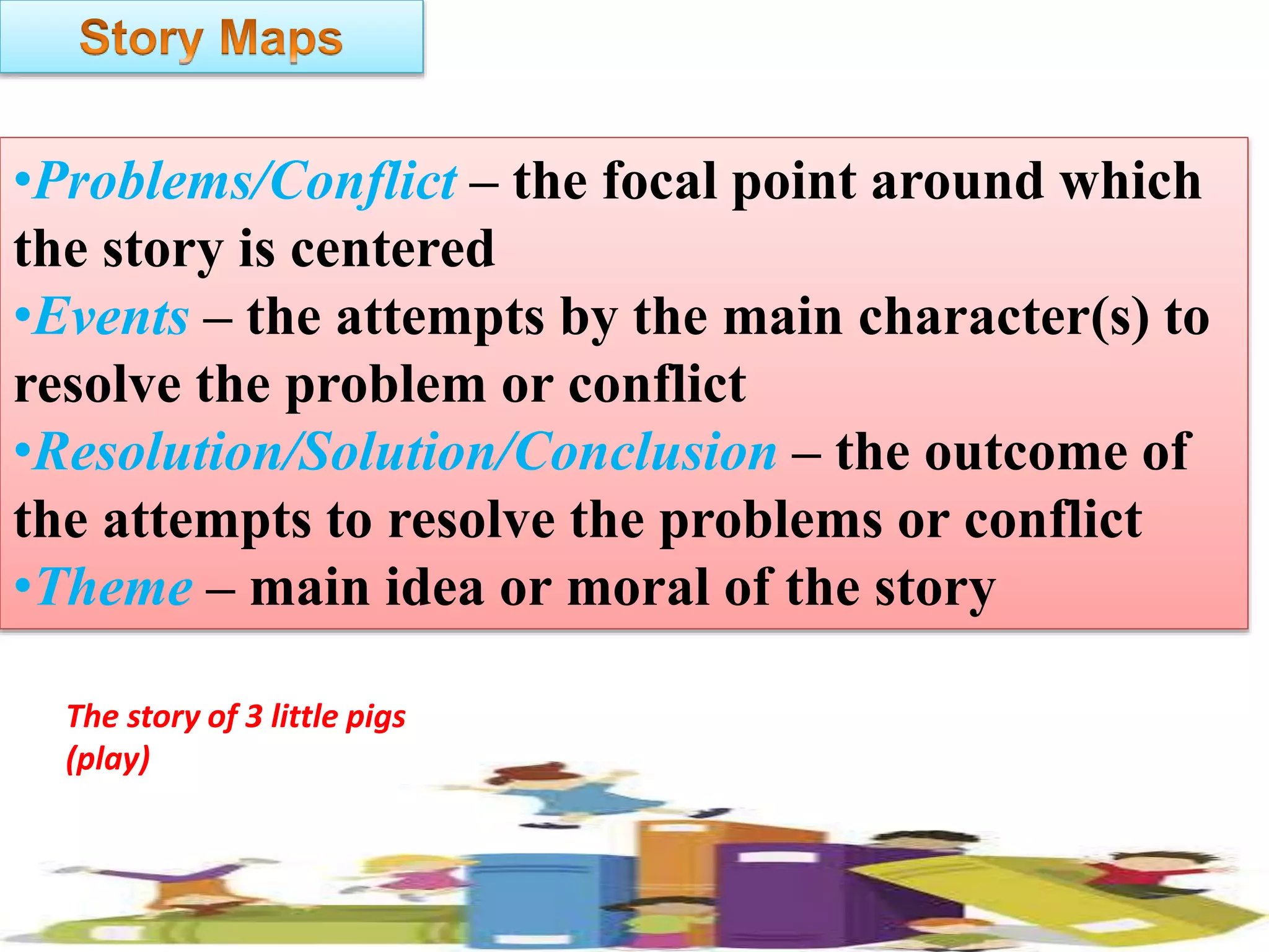 •Problems/Conflict – the focal point around which
the story is centered
•Events – the attempts by the main character(s) to
resolve the problem or conflict
•Resolution/Solution/Conclusion – the outcome of
the attempts to resolve the problems or conflict
•Theme – main idea or moral of the story
The story of 3 little pigs
(play)
 