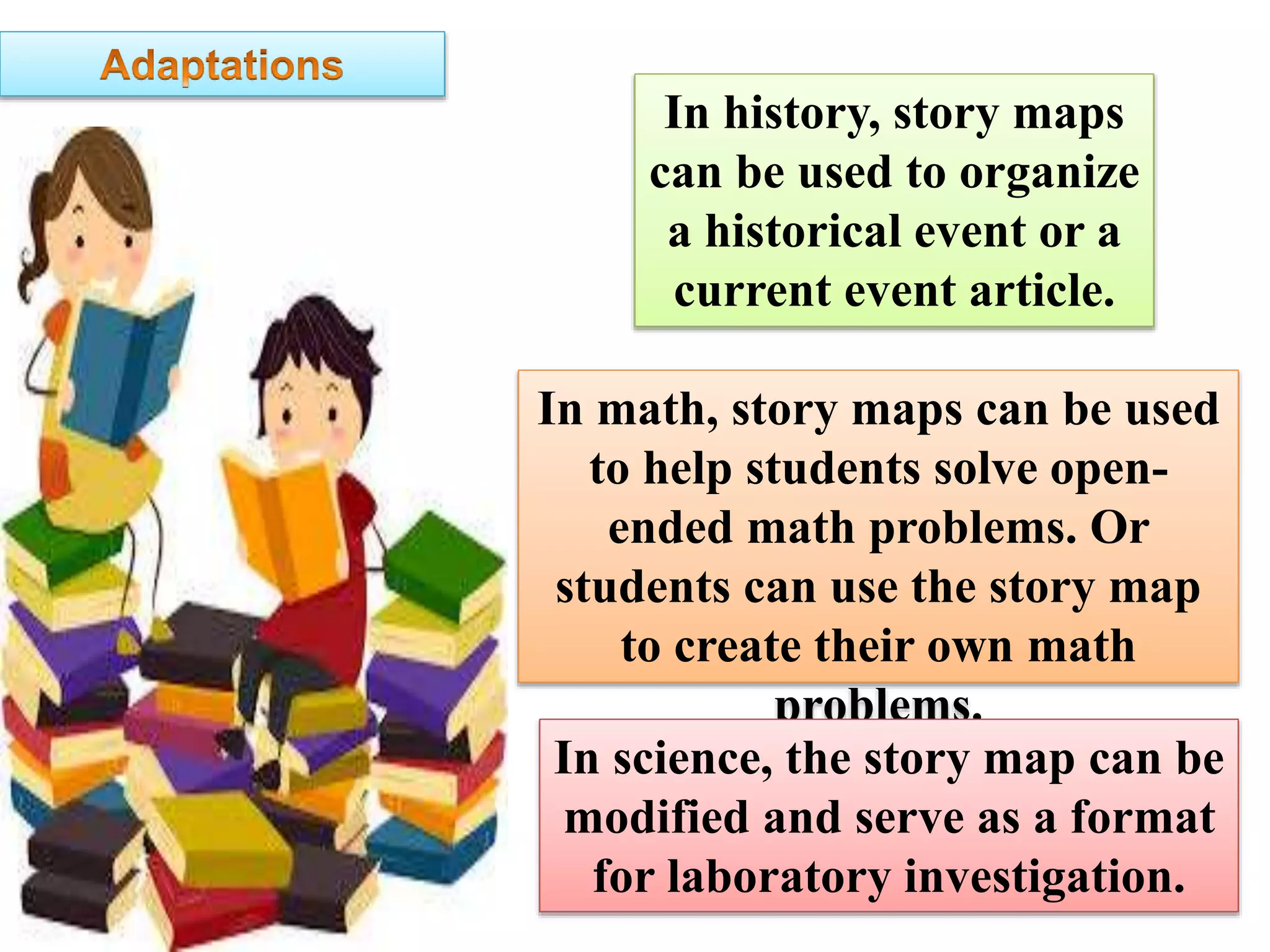 In history, story maps
can be used to organize
a historical event or a
current event article.
In math, story maps can be used
to help students solve open-
ended math problems. Or
students can use the story map
to create their own math
problems.
In science, the story map can be
modified and serve as a format
for laboratory investigation.
 