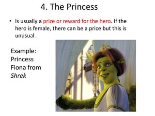 4. The Princess
• Is usually a prize or reward for the hero. If the
hero is female, there can be a price but this is
unusual.
Example:
Princess
Fiona from
Shrek
 