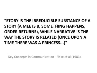 "STORY IS THE IRREDUCIBLE SUBSTANCE OF A
STORY (A MEETS B, SOMETHING HAPPENS,
ORDER RETURNS), WHILE NARRATIVE IS THE
WAY THE STORY IS RELATED (ONCE UPON A
TIME THERE WAS A PRINCESS...)"
Key Concepts in Communication - Fiske et al (1983)
 