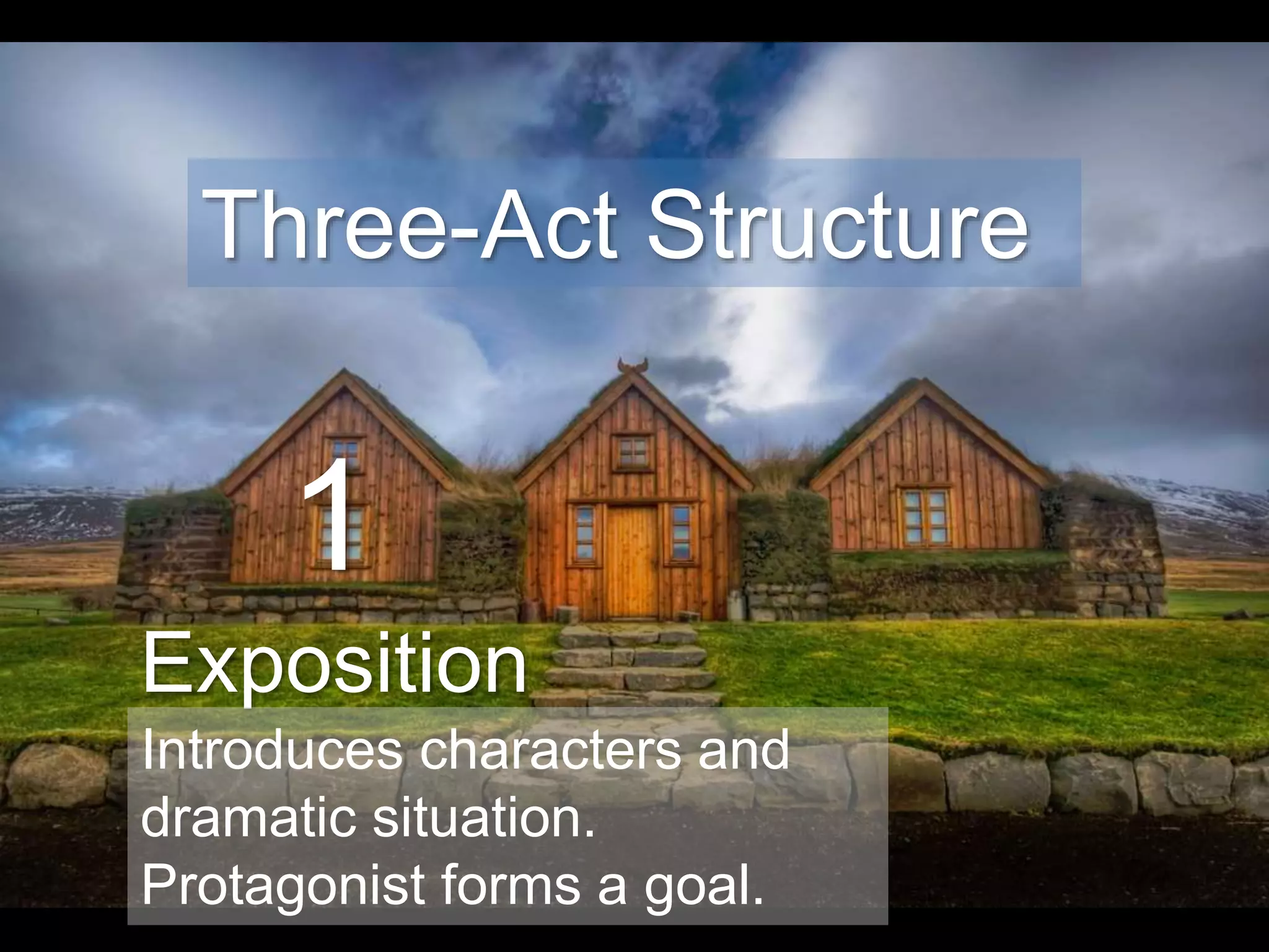 1
Exposition
Three-Act Structure
Introduces characters and
dramatic situation.
Protagonist forms a goal.
 