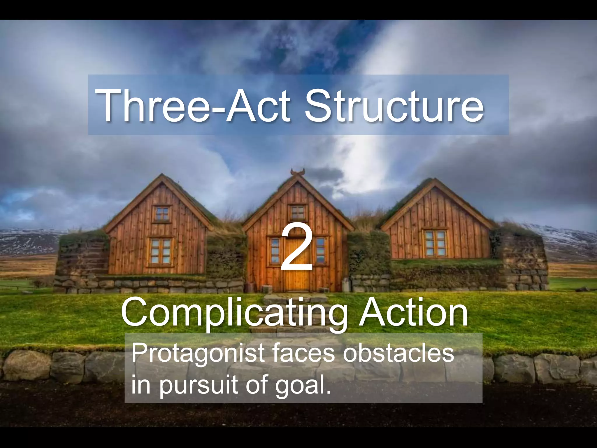 2
Complicating Action
Three-Act Structure
Protagonist faces obstacles
in pursuit of goal.
 