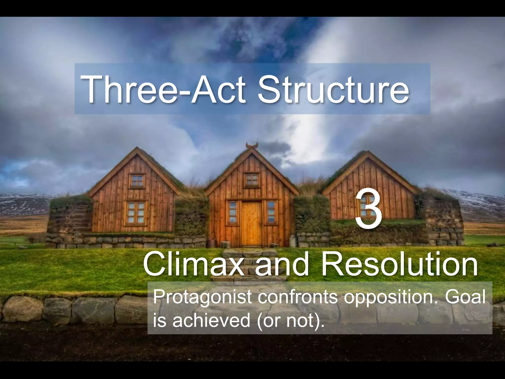 3
Climax and Resolution
Three-Act Structure
Protagonist confronts opposition. Goal
is achieved (or not).
 