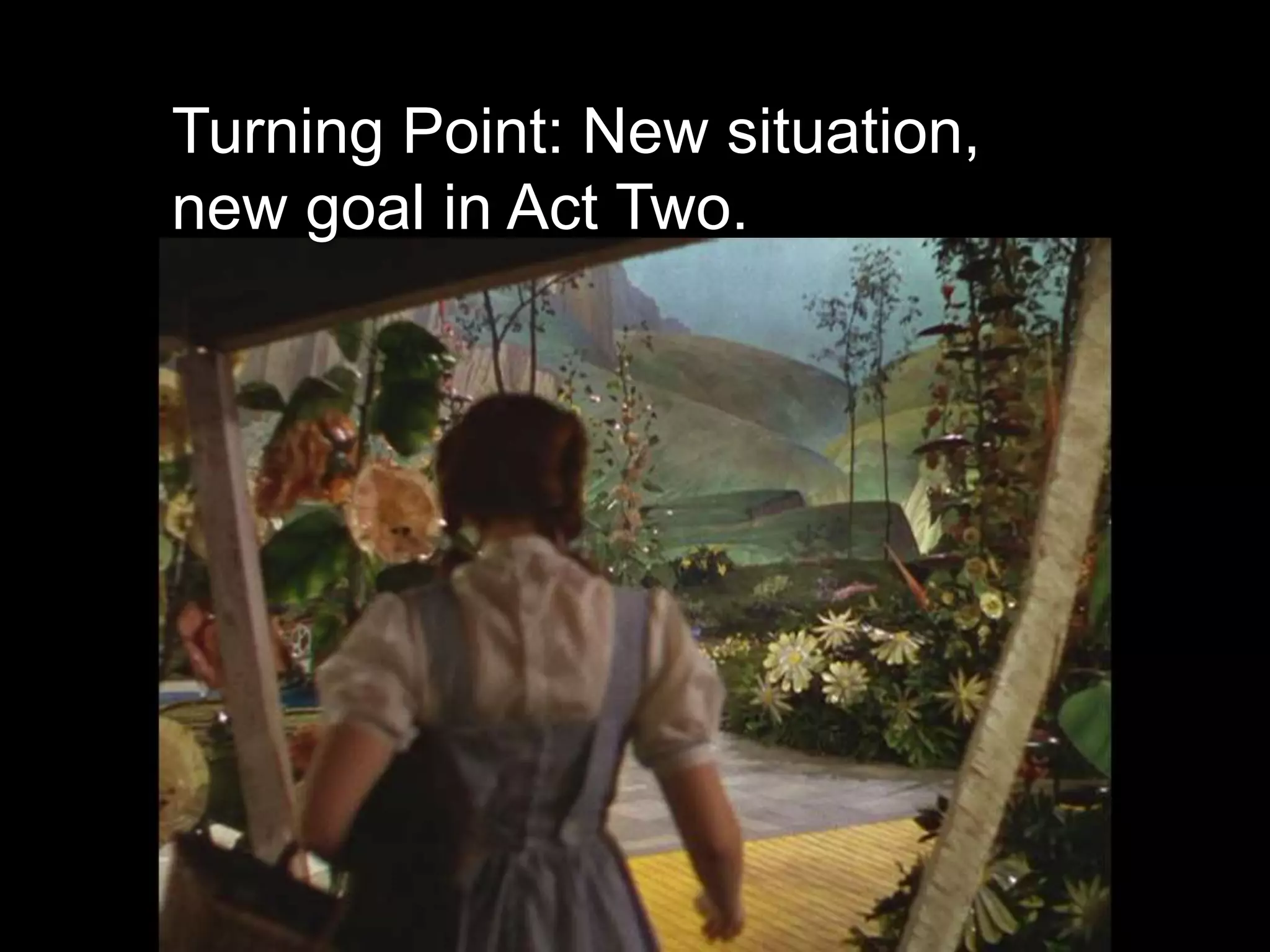 Turning Point: New situation,
new goal in Act Two.
 
