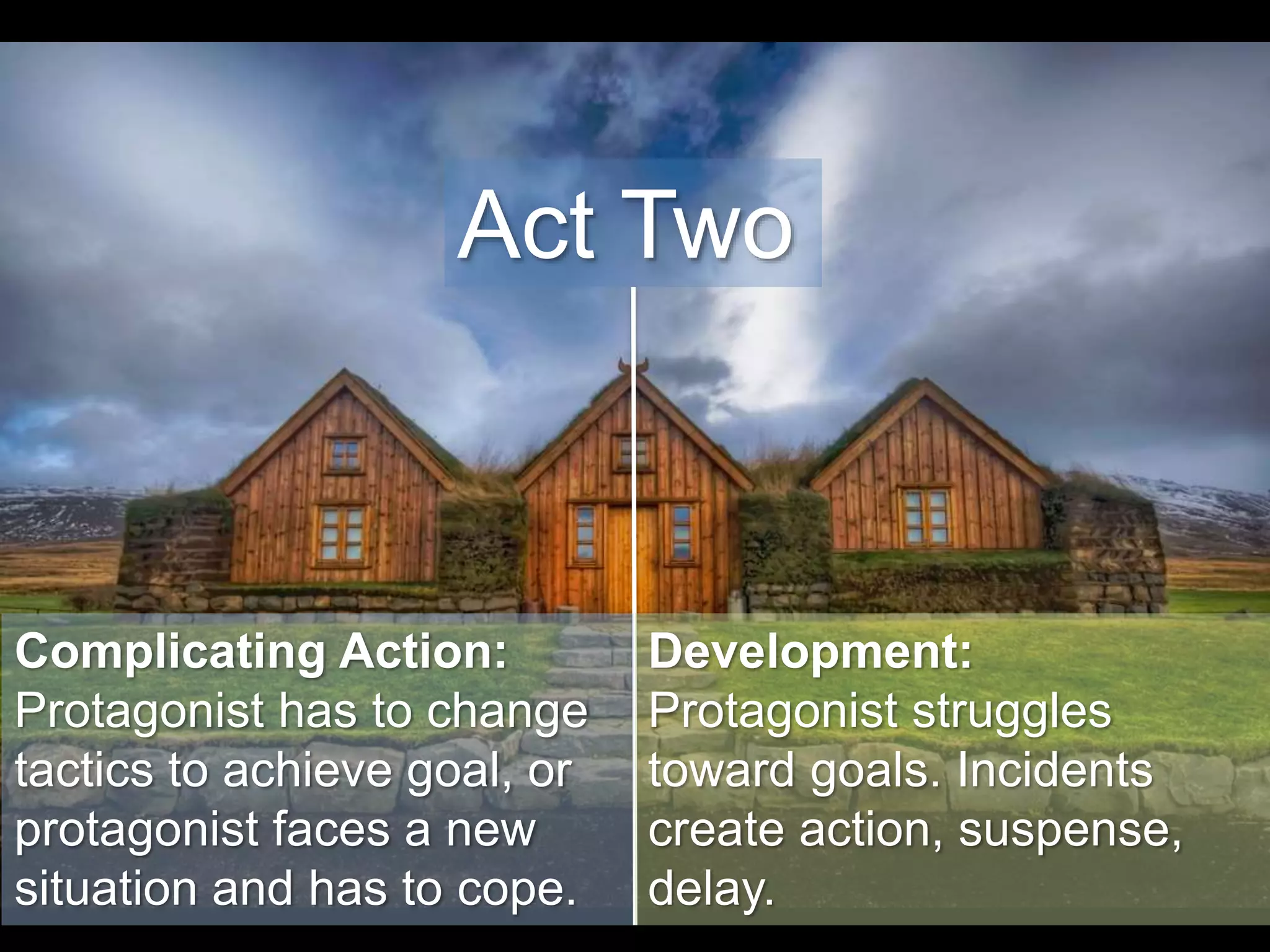 Act Two
Complicating Action:
Protagonist has to change
tactics to achieve goal, or
protagonist faces a new
situation and has to cope.
Development:
Protagonist struggles
toward goals. Incidents
create action, suspense,
delay.
 