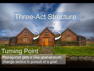 Three-Act Structure
Turning Point
Protagonist gets a new goal or must
change tactics in pursuit of a goal.
 