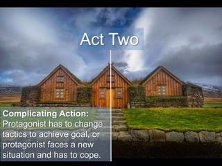 Act Two
Complicating Action:
Protagonist has to change
tactics to achieve goal, or
protagonist faces a new
situation and has to cope.
 