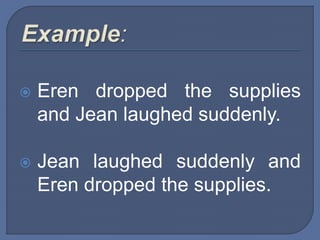  Eren dropped the supplies
and Jean laughed suddenly.
 Jean laughed suddenly and
Eren dropped the supplies.
 