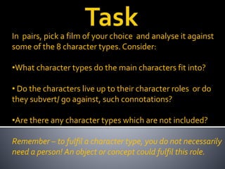 In pairs, pick a film of your choice and analyse it against
some of the 8 character types. Consider:
•What character types do the main characters fit into?
• Do the characters live up to their character roles or do
they subvert/ go against, such connotations?
•Are there any character types which are not included?
Remember – to fulfil a character type, you do not necessarily
need a person! An object or concept could fulfil this role.
 